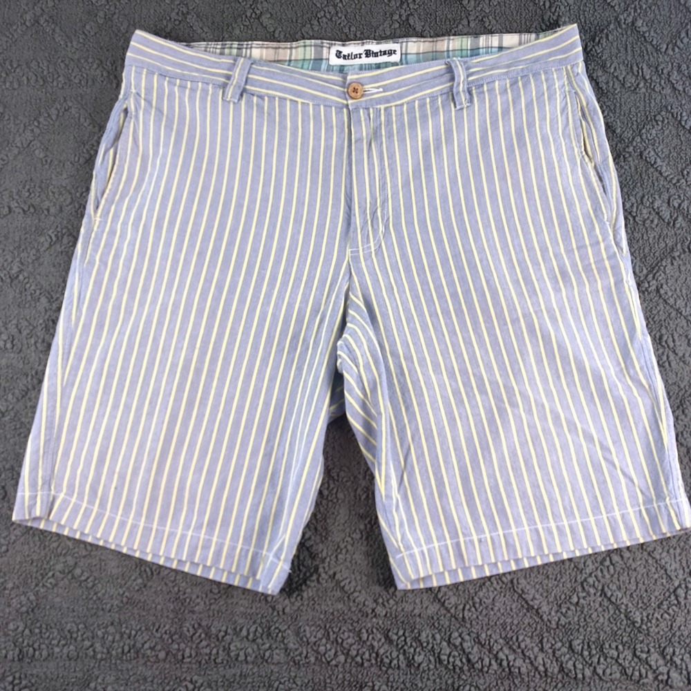Tailor Vintage Men's Size 36  Blue Yellow Striped Cotton Chino Shorts Flat Front